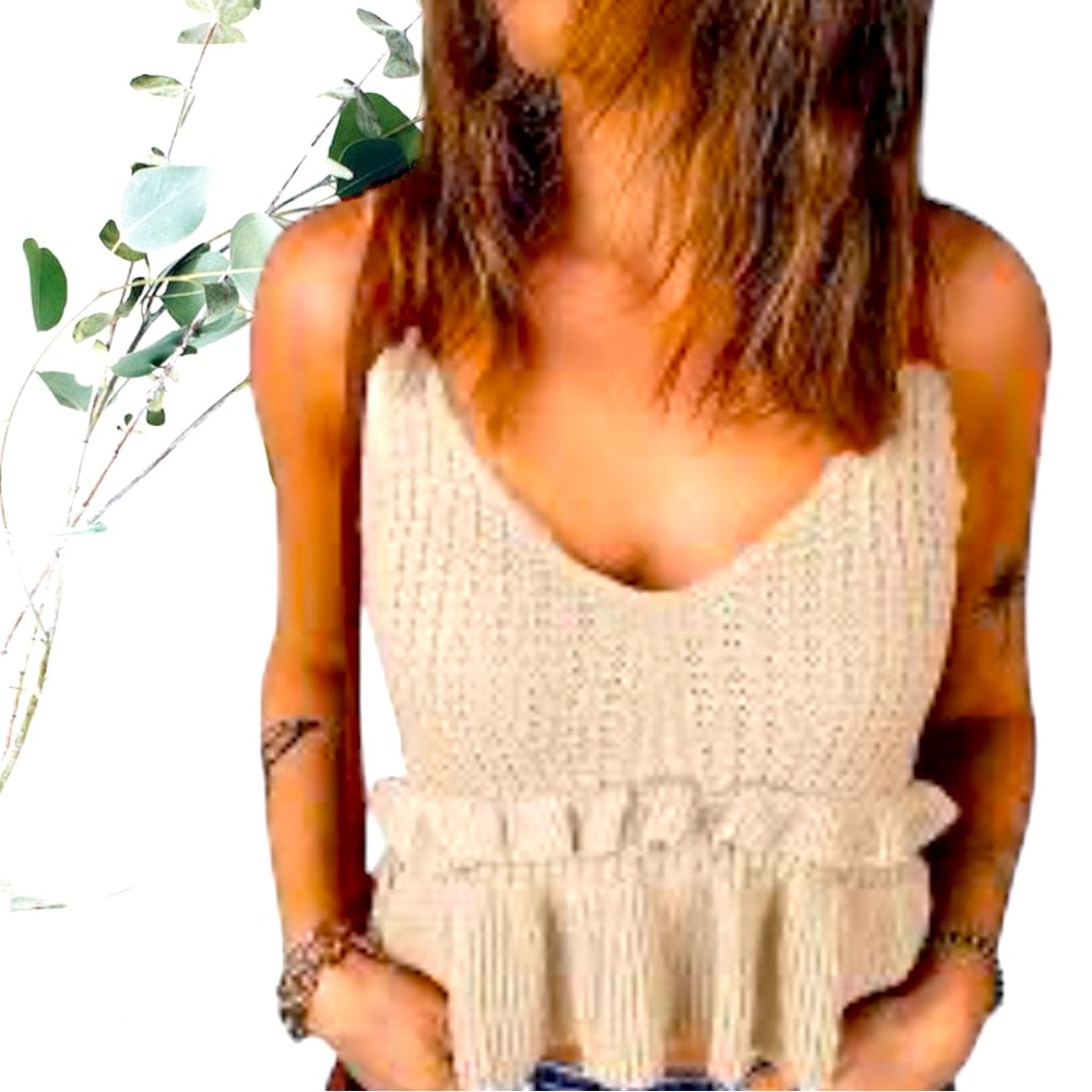 Ivory Knit Cropped Peplum Tank Top L